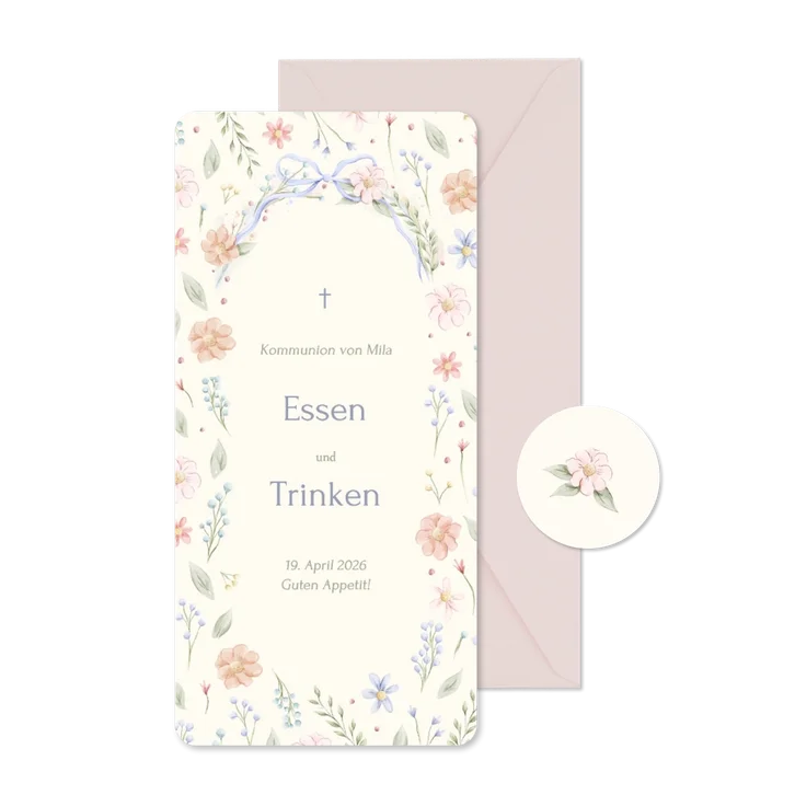 Menükarte Kommunion Blumenkranz Schleife Beige Aquarell