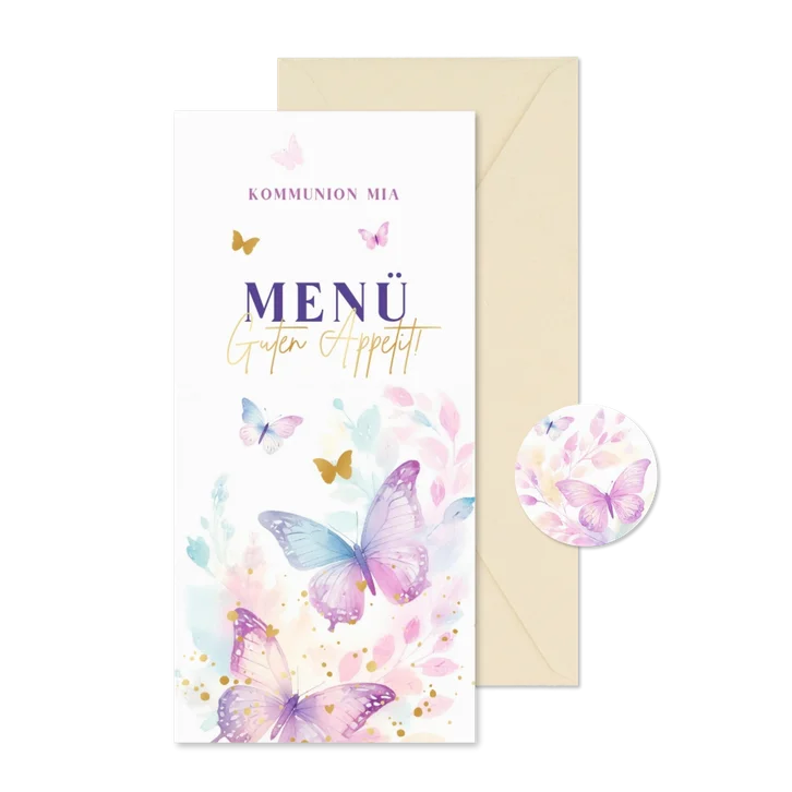 Menükarte Kommunion fröhliche Schmetterlinge
