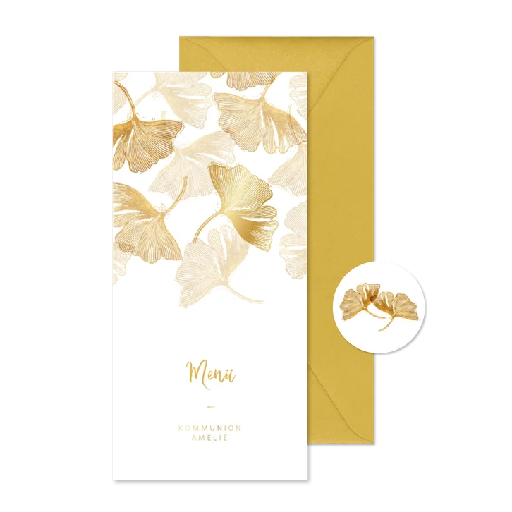 Menükarte Kommunion Ginkgoblätter Stempel weiß