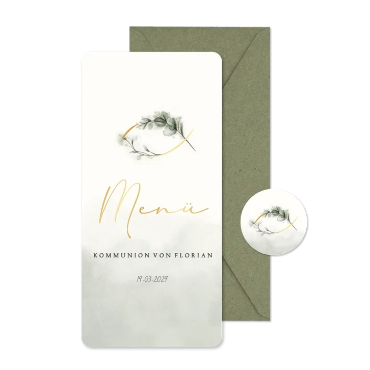 Menükarte Kommunion grün Aquarell Ichthys 
