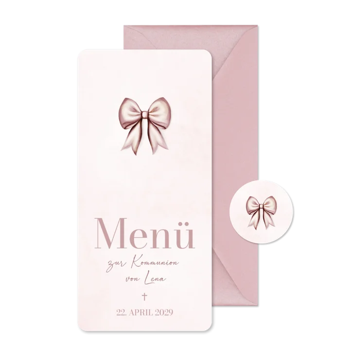 Menükarte Kommunion in rosa mit Schleife 