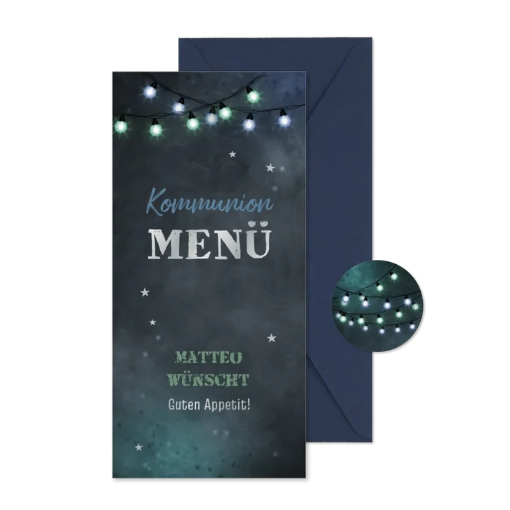 Menükarte Kommunion Lichterkette & Wegweiser Silberdruck