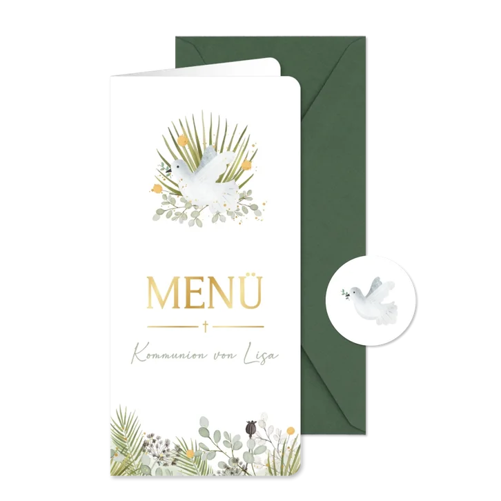 Menükarte Kommunion Tauben und Zweige