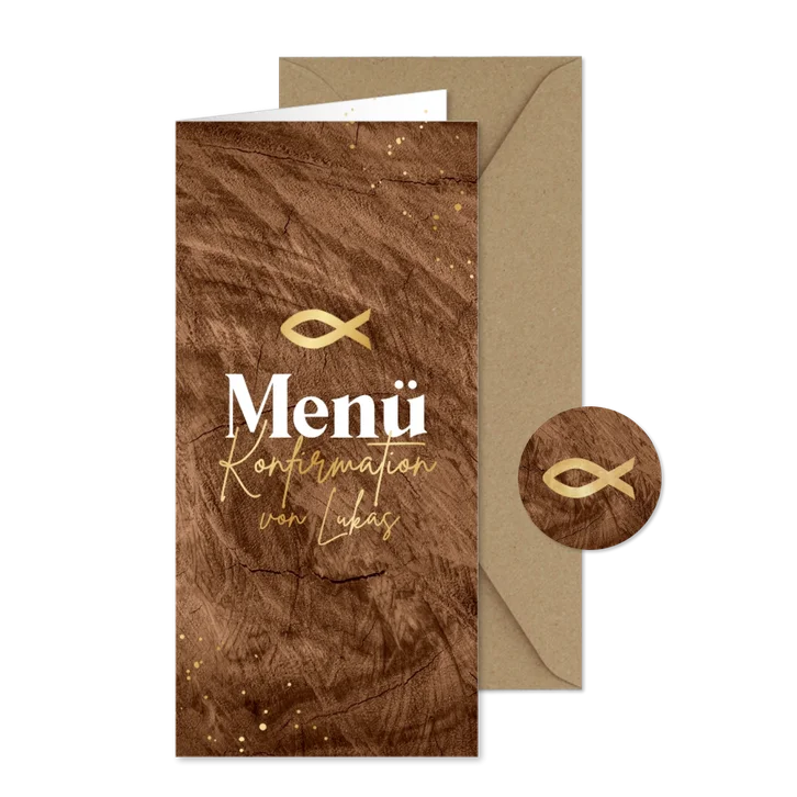 Menükarte Konfirmation goldener Fisch Holzoptik 