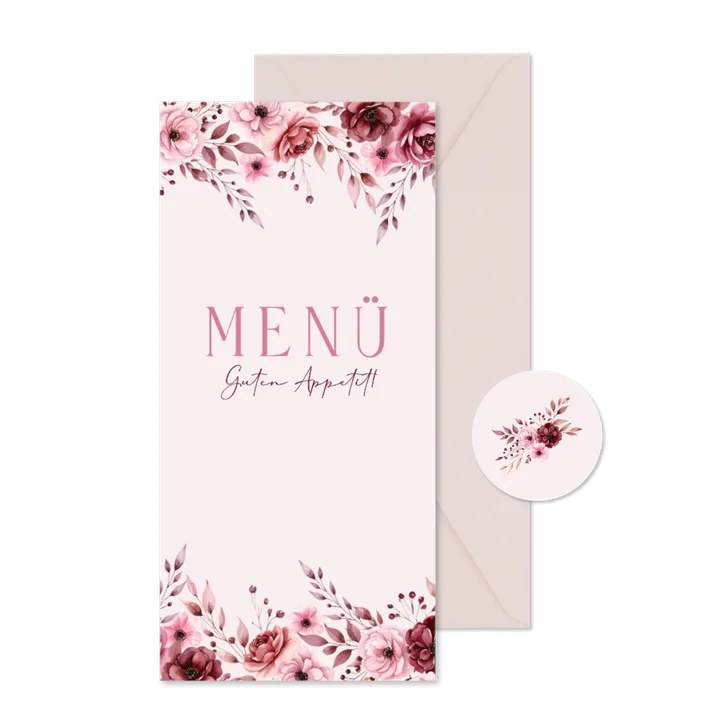Menükarte Rosengesteck rosa Hochzeit