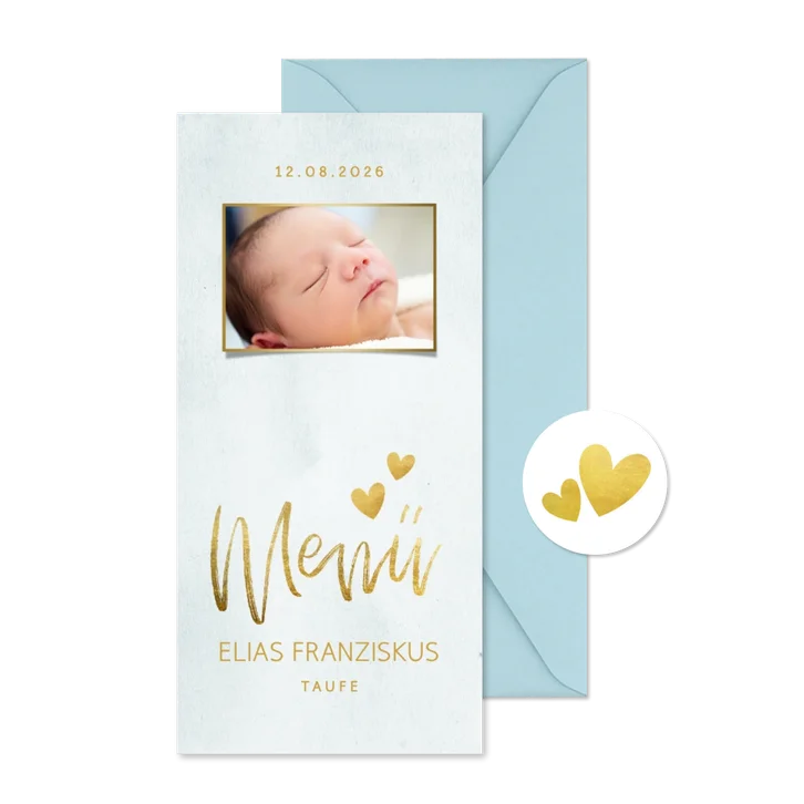 Menükarte Taufe blau Foto & Goldherzen