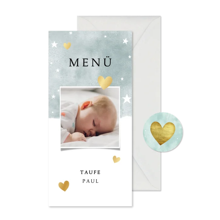 Menükarte Taufe blau mit Foto und Herzen
