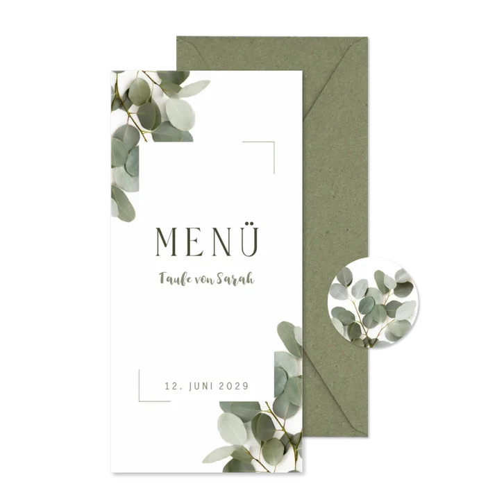 Menükarte Taufe Eukalyptus mit Rahmen