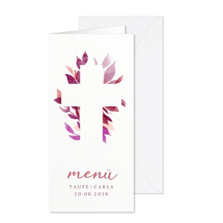 Menükarte Taufe florales Kreuz pink