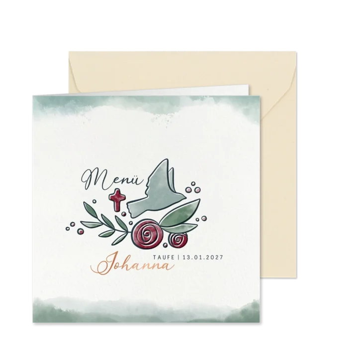 Menükarte Taufe mit Taube und Rosen