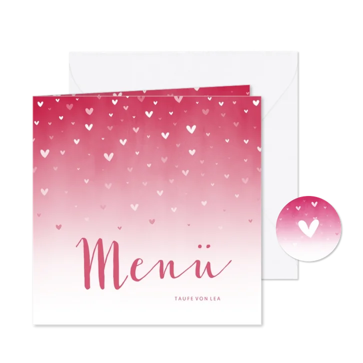 Menükarte Taufe pink zuckersüße Herzen & Foto innen
