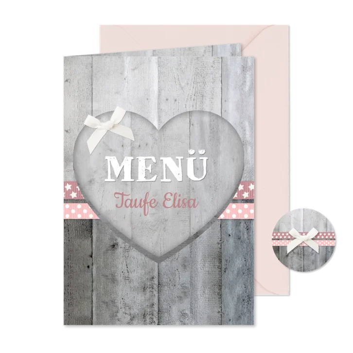 Menükarte Taufe rosa Bänder Holzherz & Foto innen