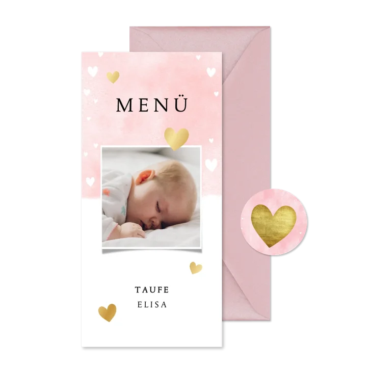 Menükarte Taufe rosa mit Foto und Herzen