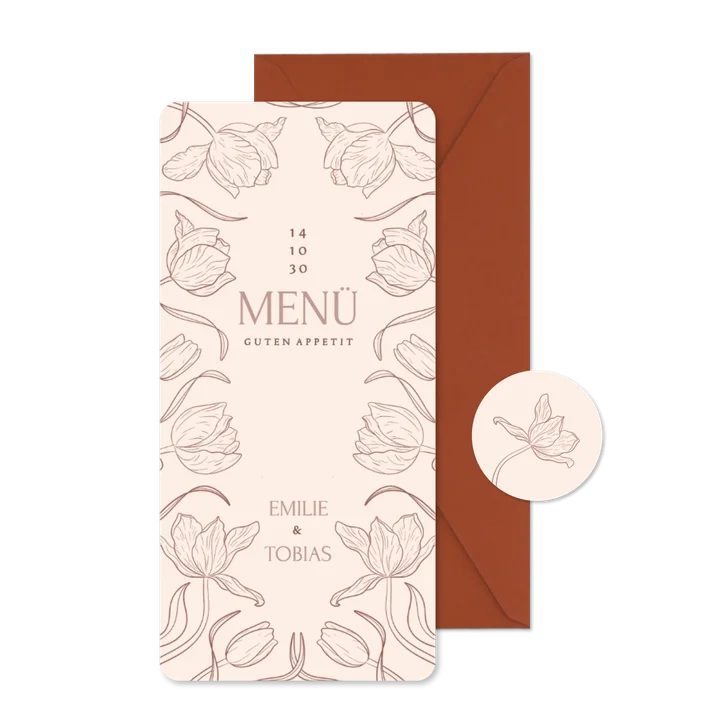 Menükarte Tulpen Linienzeichnung Beige Hochzeit