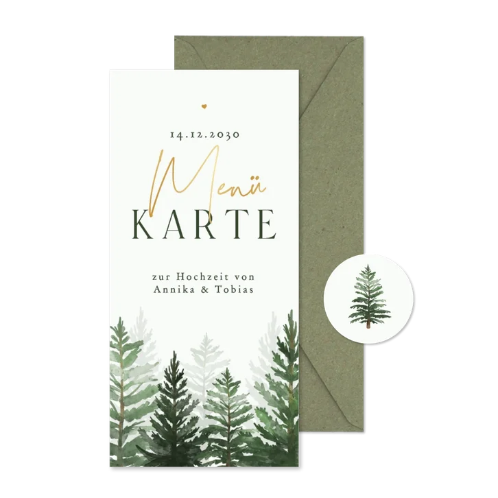 Menükarte Winter Hochzeit Tannenbäume