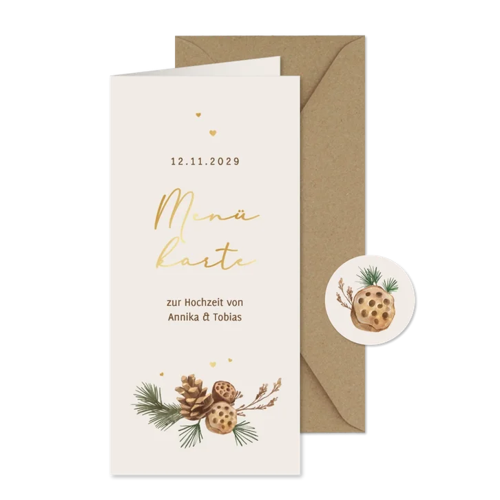 Menükarte Winterhochzeit getrocknete Winterdeko Zweige