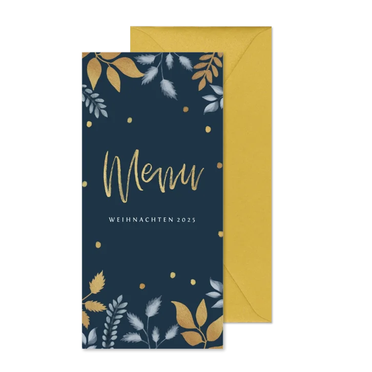 Menükarte zum Weihnachtsessen dunkelblau botanisch