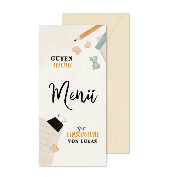Menükarte zur Einschulung blauer Spitzer & Bleistift