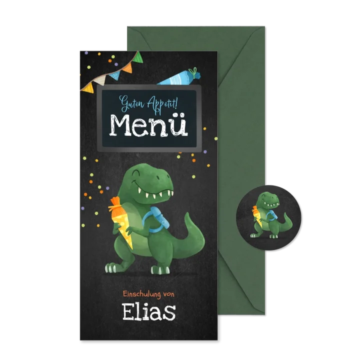 Menükarte zur Einschulung lustiger T-Rex & Konfetti