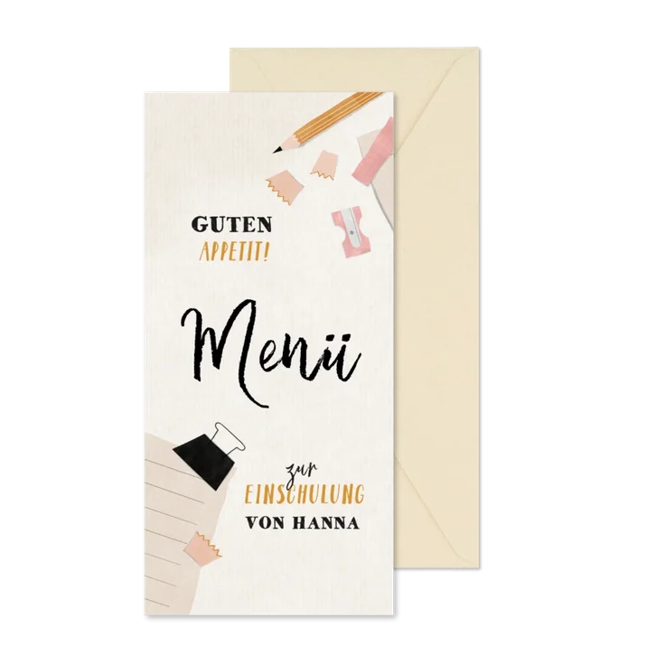 Menükarte zur Einschulung rosa Spitzer & Bleistift