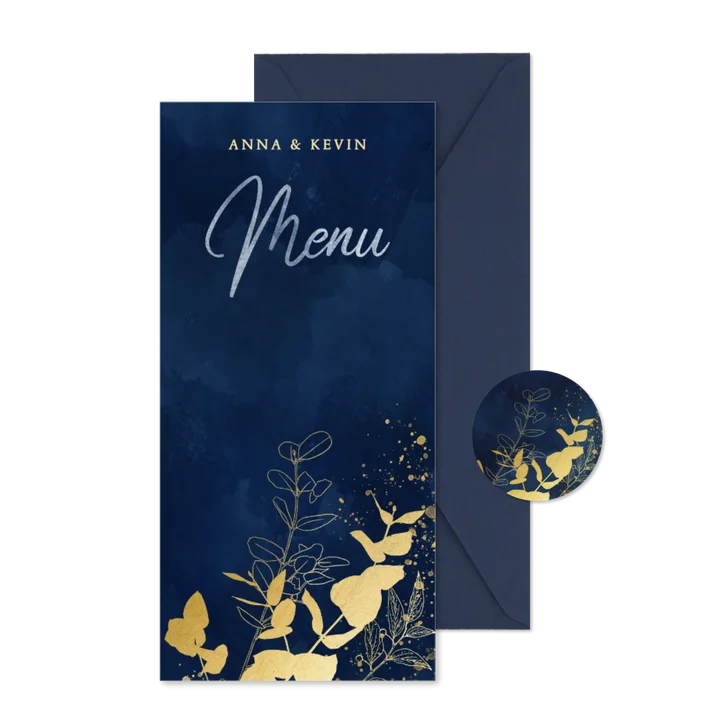 Menükarte zur Hochzeit Eukalyptus Goldlook