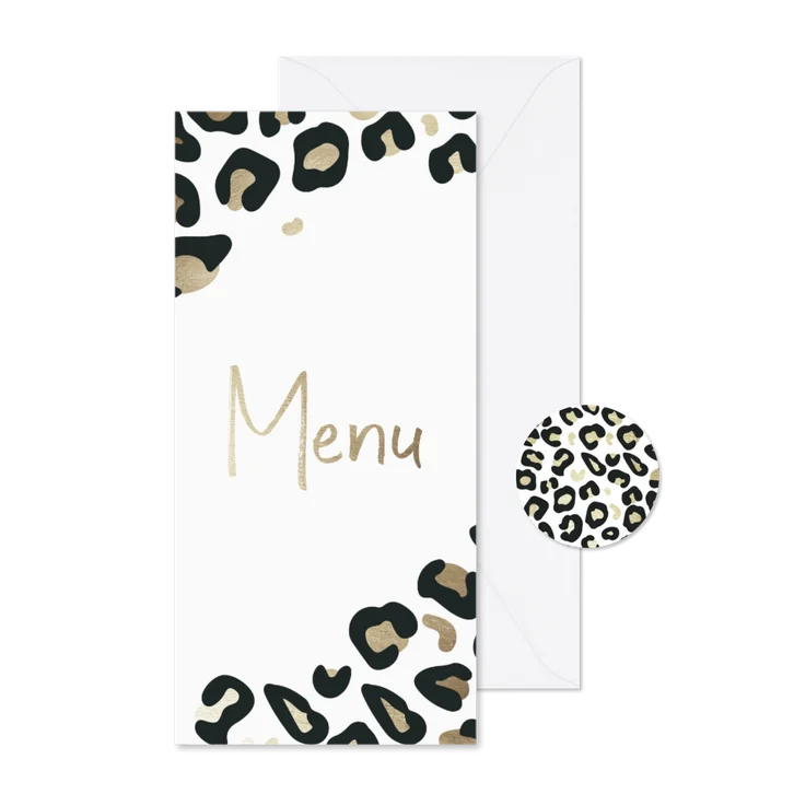 Menükarte zur Hochzeit mit angesagtem Leopardenmuster