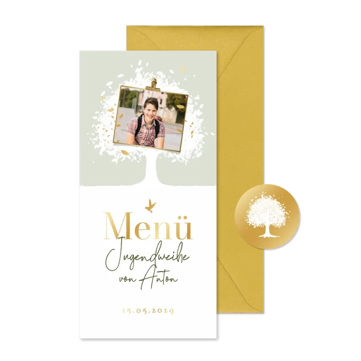 Menükarte zur Jugendweihe Baum Pastellgrün