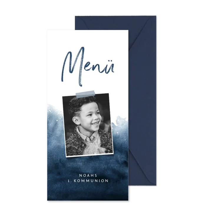Menükarte zur Kommunion Foto & Wasserfarbe dunkelblau