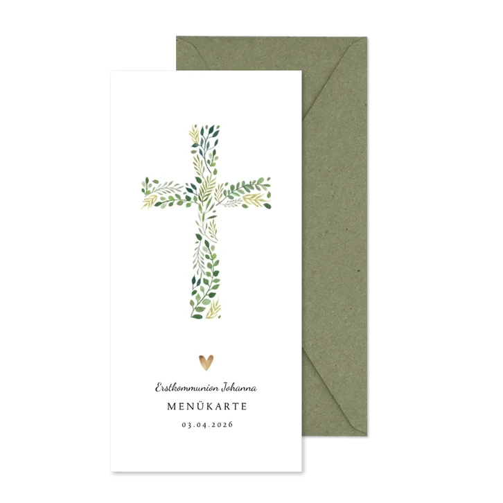Menükarte zur Kommunion Kreuz botanisch
