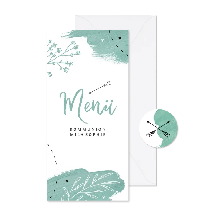 Menükarte zur Kommunion grüne Farbkleckse