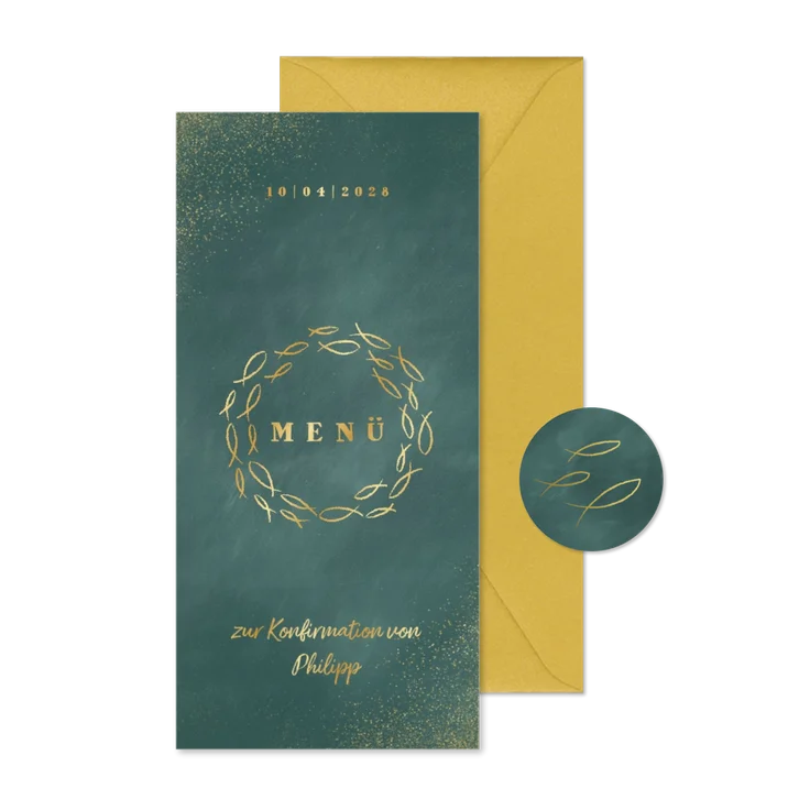 Menükarte zur Konfirmation Goldfische auf Kreidetafel