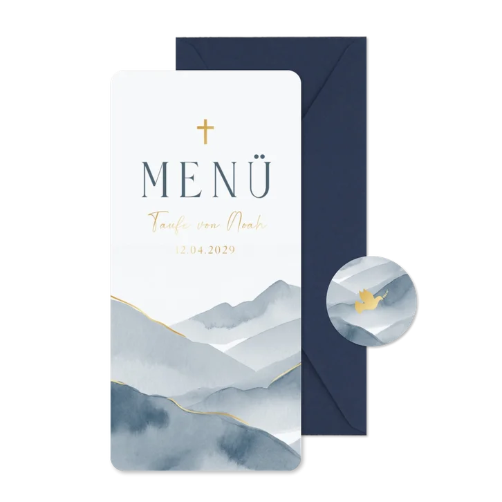 Menükarte zur Taufe blaue Berge Aquarell