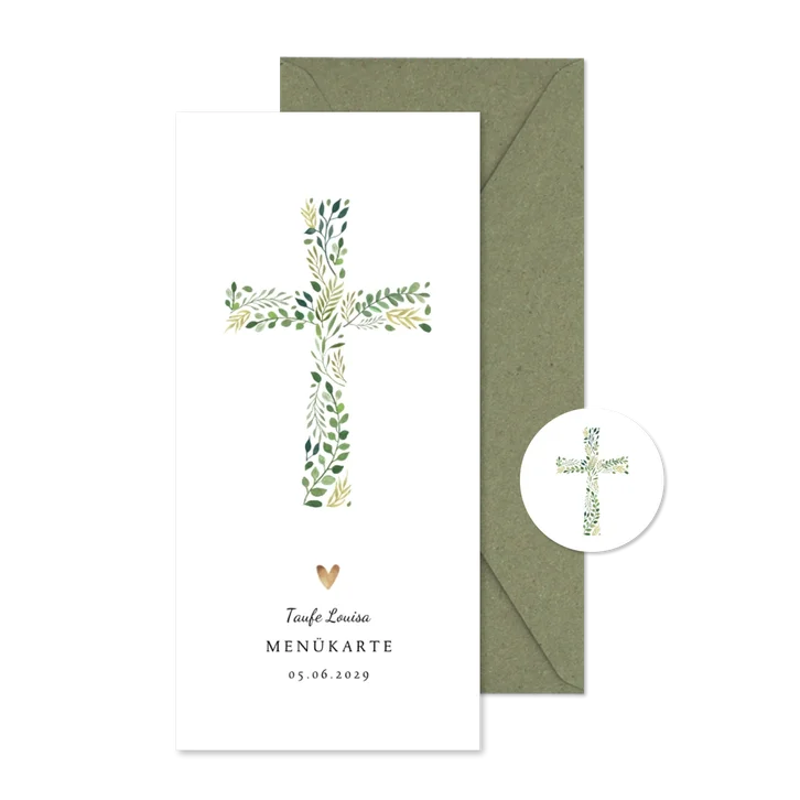 Menükarte zur Taufe botanisches Kreuz
