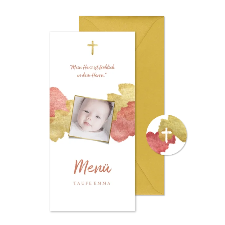 Menükarte zur Taufe Foto metallic rosé