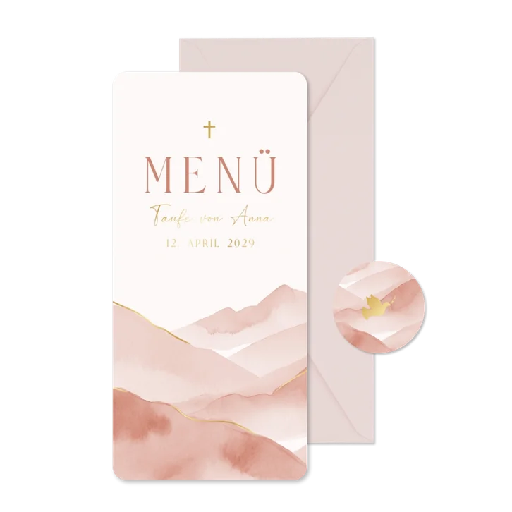 Menükarte zur Taufe rosa Berge Aquarell