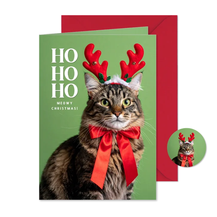 Meowy Christmas Weihnachtskarte Katze mit Geweih lustig