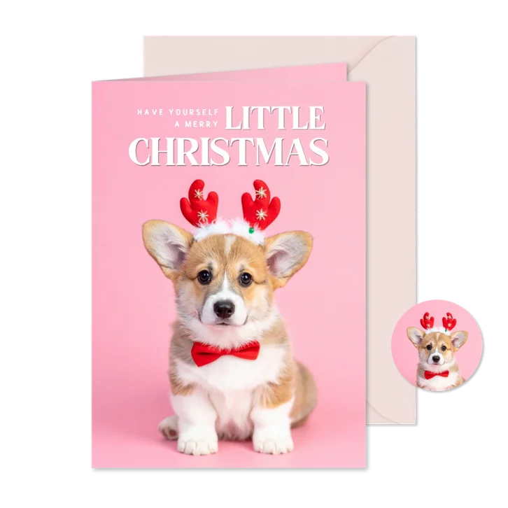'Merry little Christmas' Weihnachtskarte Hund mit Geweih 