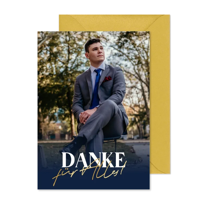 Minimalistische Danksagung zur Konfirmation blau & Goldlook
