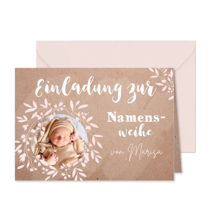 Namensweihe Einladung Naturpapier & rosa Ranken