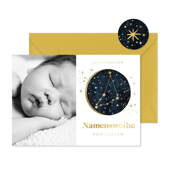 Namensweihe Foto-Einladungskarte Sternzeichen Steinbock