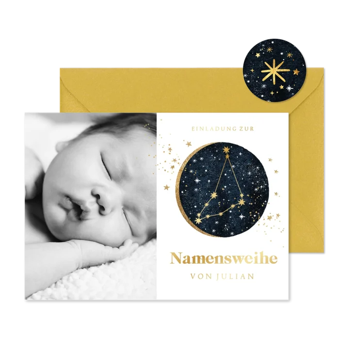 Namensweihe Foto-Einladungskarte Sternzeichen Steinbock