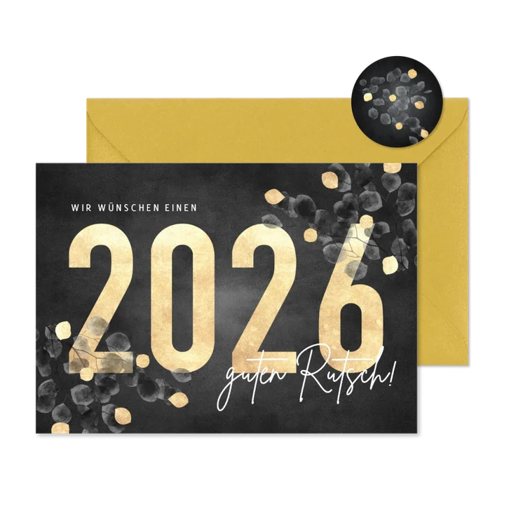 Neujahrskarte 2026 mit stilvollem Eukalyptus