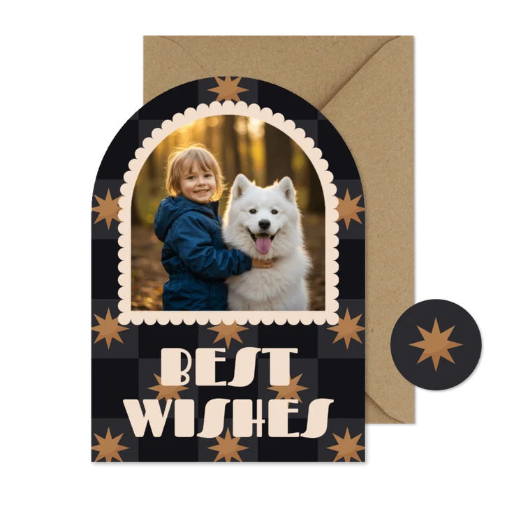 Neujahrskarte Bogenform Foto Sterne Karomuster 'Best Wishes'