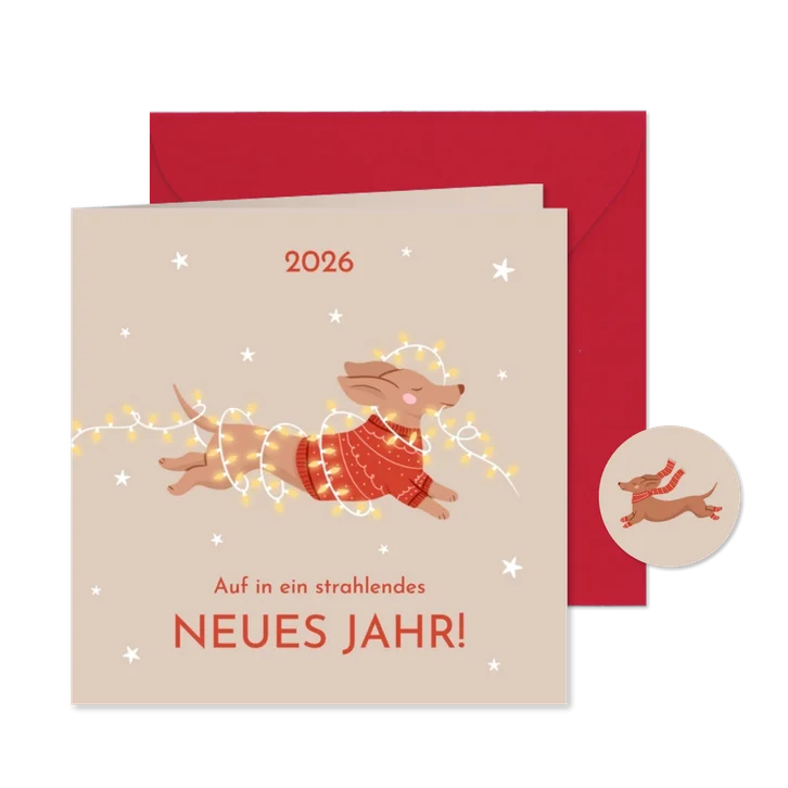 Neujahrskarte Dackel im Pulli mit Lichterkette 