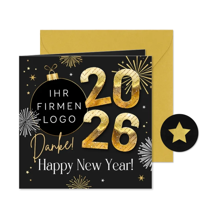 Neujahrskarte Firma 2026, Logo & Feuerwerk