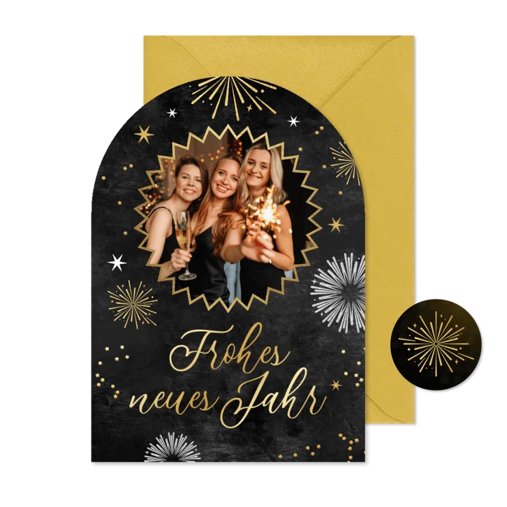 Neujahrskarte Firma Feuerwerk mit Foto Bogenkarte