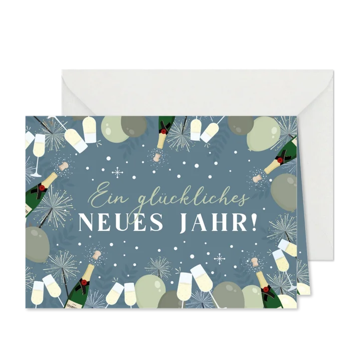 Neujahrskarte Firma Silvester & Schneeflocken