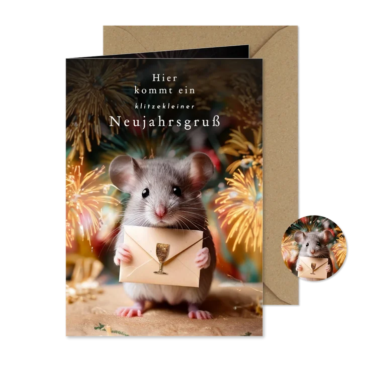 Neujahrskarte 'klitzekleine Neujahrsgrüße' Maus