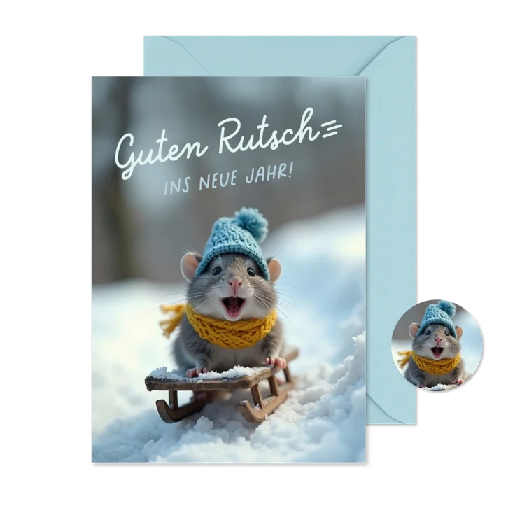 Neujahrskarte lustige Maus auf Schlitten