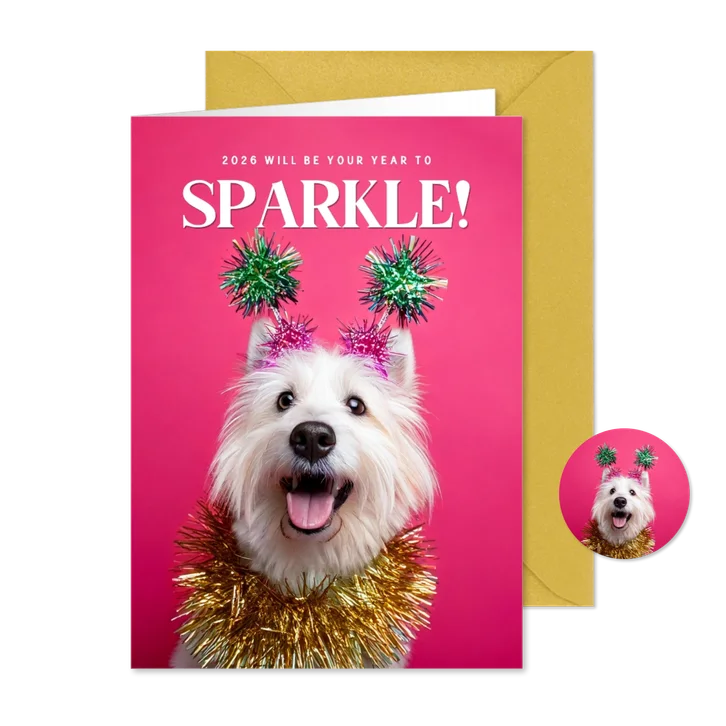 Neujahrskarte lustiger Hund 'Sparkle' auf Rosa